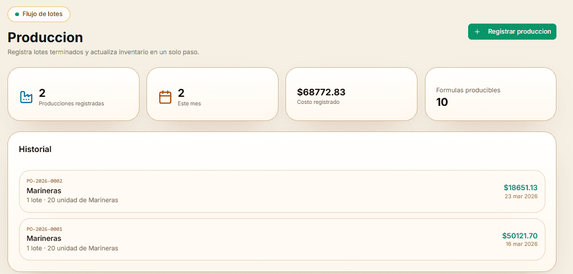 Producción y stock — Grama: software de costos para panaderías