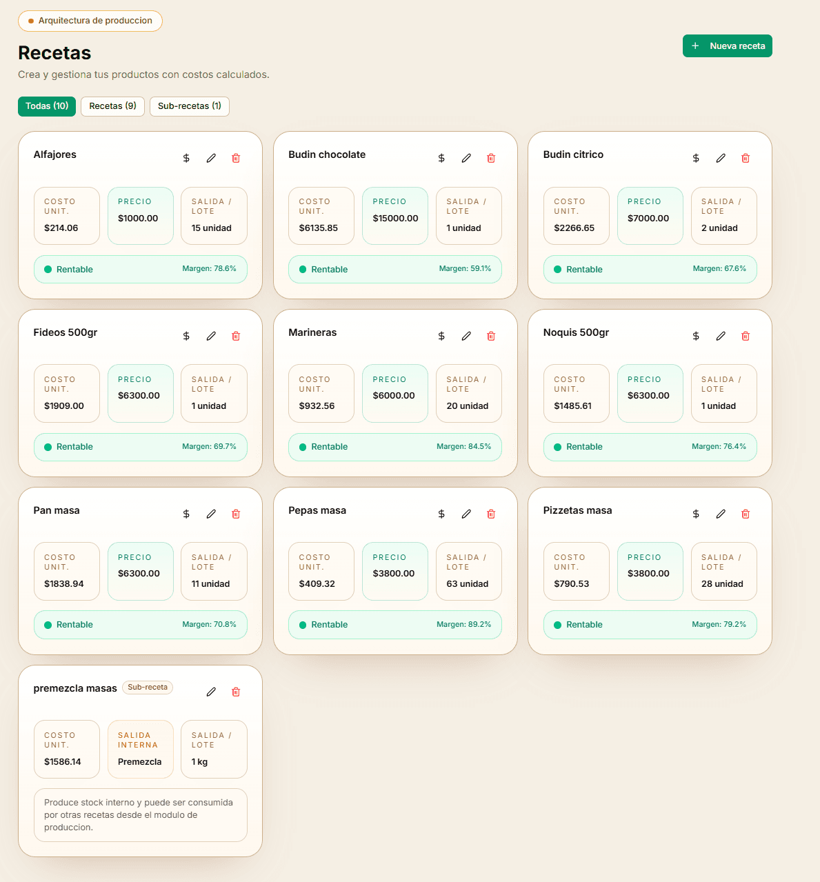 Recetas con costo real — Grama: software de costos para panaderías